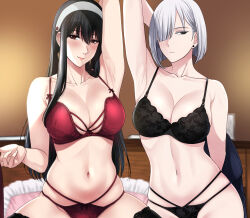 Rule 34 | 2girls, arm up, armpits, black bra, black eyes, black hair, black panties, black thighhighs, blush, bra, breasts, cleavage, closed mouth, collarbone, commentary, earrings, fiona frost, gold earrings, hair over one eye, hairband, highres, jewelry, lace, lace-trimmed bra, lace-trimmed legwear, lace-trimmed panties, lace trim, large breasts, light smile, lingerie, lips, long hair, looking to the side, multi-strapped bra, multi-strapped panties, multiple girls, navel, on bed, panties, pillow, red bra, red eyes, red panties, short hair, sitting, skindentation, spy x family, stomach, straight hair, stud earrings, symbol-only commentary, thighhighs, thighs, underwear, underwear only, white hair, white hairband, xter, yor briar