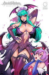 Rule 34 | 2girls, arm behind head, arm up, blue gloves, blunt bangs, breasts, breasts apart, cleavage, curvy, demon girl, demon wings, dress, elbow gloves, eyeshadow, female focus, fingerless gloves, gloves, green eyes, green hair, head wings, heart, highres, large breasts, latex, latex gloves, lilith aensland, linea, long hair, looking at another, looking at viewer, makeup, matching hair/eyes, mature female, morrigan aensland, multiple girls, nail polish, narrow waist, navel, open mouth, panties, parted lips, pink hair, purple dress, purple eyeshadow, purple lips, purple nails, red eyes, reiq, second-party source, short hair, siblings, sisters, small breasts, thick thighs, thighs, toned, toned stomach, udon entertainment, underwear, vampire (game), wedding dress, wide hips, wings