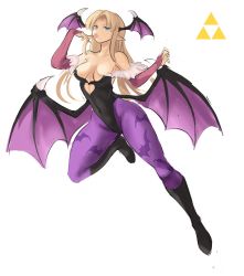 1girl, :p, blonde hair, breasts, cosplay, highres, licking, long hair, medium breasts, morrigan aensland, morrigan aensland (cosplay), navel, nintendo, pointy ears, princess zelda, rakeem garcia-cueto, simple background, solo, the legend of zelda, tongue, tongue out, white background