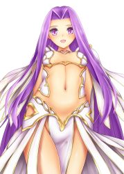 Rule 34 | 1girl, armor, arms behind back, bikini, bikini armor, bikini top only, breasts, cosplay, fate/grand order, fate (series), female focus, forehead, from below, gorgon (fate), gorgon (fate) (cosplay), gorgon (third ascension) (fate), hair intakes, highres, hozenkakari, long hair, looking at viewer, looking down, matching hair/eyes, medusa (fate), medusa (lancer) (fate), medusa (rider) (fate), navel, open mouth, pauldrons, pelvic curtain, purple eyes, purple hair, revealing clothes, rider, shoulder armor, simple background, small breasts, smile, solo, square pupils, swimsuit, thighs, very long hair, white background