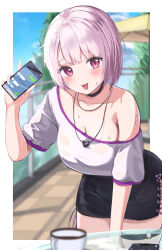 Rule 34 | 1girl, :p, absurdres, aoi momiji, black choker, black skirt, blush, bob cut, breasts, cellphone, choker, cross-laced slit, highres, holding, holding phone, hot, jewelry, large breasts, looking at viewer, necklace, nijisanji, no bra, o-ring, o-ring thigh strap, off-shoulder shirt, off shoulder, official alternate costume, official alternate hair length, official alternate hairstyle, pencil skirt, phone, pink hair, red eyes, see-through, see-through shirt, shiina yuika, shiina yuika (10th costume), shirt, short hair, side slit, single bare shoulder, skirt, smartphone, solo, sweat, thigh strap, tongue, tongue out, very sweaty, virtual youtuber, wet, wet clothes, wet shirt, white shirt