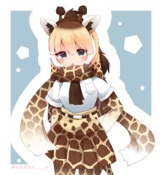 Rule 34 | 1girl, animal ears, animal print, arms behind back, ascot, black ascot, blonde hair, blue eyes, commentary, cowboy shot, dress shirt, eeeee m, elbow gloves, giraffe ears, giraffe horns, giraffe print, giraffe tail, gloves, high-waist skirt, highres, horns, kemono friends, long hair, looking at viewer, multicolored hair, open mouth, pantyhose, print gloves, print pantyhose, print skirt, reticulated giraffe (kemono friends), scarf, shirt, skirt, solo, standing, symbol-only commentary, tail, twitter username, white shirt, yellow skirt