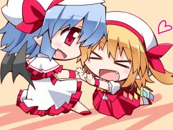 Rule 34 | &gt; &lt;, 2girls, :d, bat wings, blonde hair, blue hair, blush, bow, capelet, chibi, closed eyes, embodiment of scarlet devil, eyebrows, facing another, fang, flandre scarlet, hair ornament, hat, hat ribbon, heart, hemogurobin a1c, hug, imminent hug, looking at another, mob cap, multiple girls, open mouth, pointy ears, puffy short sleeves, puffy sleeves, red skirt, remilia scarlet, ribbon, short hair, short sleeves, siblings, simple background, sisters, skirt, skirt set, smile, tan background, touhou, white skirt, wings, wristband, xd, yellow bow