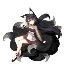 Rule 34 | 1girl, alternate hair color, animal ear fluff, animal ears, ankle bell, arm support, black bow, black dress, black footwear, black hair, black sleeves, black tail, bow, cleavage cutout, closed mouth, closers, clothing cutout, dress, flat chest, fox ears, fox girl, fox shadow puppet, fox tail, full body, hair bow, hand up, high heels, highres, kitsune, kyuubi, layered dress, long hair, long sleeves, looking at viewer, low twintails, lucy (closers), multiple tails, official art, see-through, see-through sleeves, sitting, sitting on tail, smile, solo, tachi-e, tail, twintails, two-tone dress, wedge heels, white background, white dress, yellow eyes