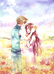 Rule 34 | 1boy, 1girl, aerith gainsborough, unworn armor, bare arms, blonde hair, blue pants, blue shirt, brown hair, cloud strife, dress, field, final fantasy, final fantasy vii, flower, flower field, hair flower, hair ornament, hand in another&#039;s hair, jacket, unworn jacket, long hair, outdoors, own hands together, pants, pink dress, prima rosa, shirt, short hair, sleeveless, sleeveless dress, sleeveless turtleneck, smile, square enix, traditional media, turtleneck