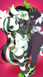 Rule 34 | 2girls, @ @, absurdres, black eyes, black hair, black skin, bodypaint, breasts, claws, colored skin, colored tongue, convenient censoring, crown, fur, fur trim, gashi-gashi, green eyes, green tongue, hair over one eye, hat, highres, long hair, monster energy, monster energy-chan, multicolored hair, multiple girls, naked paint, navel, nude, pointy ears, product girl, pubic hair, shoes, smile, spiral, starbucks, starbucks siren, stb-chan, striped legwear, wavy hair, white hair, white skin