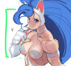 Rule 34 | 1girl, animal ears, animal hands, big hair, blue eyes, blue hair, breasts, cat ears, cat paws, choker, claws, felicia (vampire), fur, medium breasts, muscular, muscular female, simple background, solo, tetsu (kimuchi), vampire (game), white background