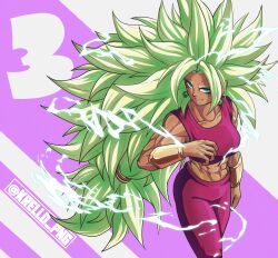 Rule 34 | 1girl, abs, absurdres, artist name, breasts, commentary, crop top, dragon ball, dragon ball super, earrings, english commentary, green hair, highres, jewelry, kefla (dragon ball), krello png, looking at viewer, midriff, muscular, muscular female, pants, potara earrings, purple tank top, saiyan, smile, solo, spiked hair, super saiyan, super saiyan 3, tank top