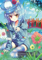 Rule 34 | 1boy, black footwear, blue hair, blue hat, blue sky, blue thighhighs, boots, braid, bridge, candy, color wheel, cross-laced footwear, day, flower, food, four8leaves, grass, hair ornament, hat, heterochromia, highres, lollipop, male focus, outdoors, pixiv, pixiv-tan, sky, solo, striped clothes, striped thighhighs, stylus, thighhighs, trap, water