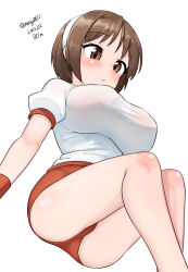 Rule 34 | 1girl, absurdres, brown eyes, brown hair, buruma, dated, feet out of frame, from below, gym shirt, gym uniform, hairband, highres, invisible chair, kantai collection, maru (marg0613), natori (kancolle), red buruma, shirt, short hair, simple background, sitting, solo, t-shirt, twitter username, white background, white hairband, white shirt