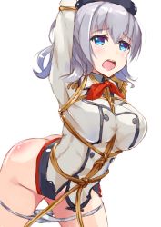 Rule 34 | 10s, 1girl, arms up, ass, bdsm, blue eyes, blush, bondage, bottomless, bound, breasts, check commentary, commentary request, hat, henet hene, kantai collection, kashima (kancolle), large breasts, long sleeves, military, military uniform, open mouth, panties, panty pull, restrained, saliva, shibari, shibari over clothes, solo, tears, underwear, uniform, white panties