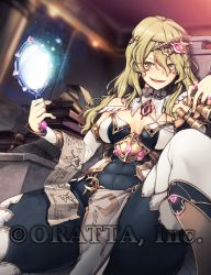Rule 34 | 1girl, arm warmers, binoculars, blonde hair, book, book stack, breasts, character request, chloris garden, cleavage, facing viewer, hair ornament, indoors, jewelry, long hair, mirror, open mouth, painpa, paper, ring, sitting, smile, solo, spread legs, watermark, yellow eyes