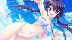 Rule 34 | 1girl, :d, bikini, black hair, blue eyes, blush, bow, breasts, cloud, contrapposto, day, dutch angle, earrings, floral flowlove, game cg, hair between eyes, jewelry, layered bikini, light rays, long hair, looking at viewer, low twintails, medium breasts, navel, necklace, open mouth, outdoors, outstretched arm, sky, smile, solo, standing, stomach, strapless, strapless bikini, swimsuit, tokisaka nanao, toranosuke, twintails, very long hair, water, water drop, white bikini