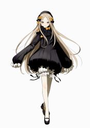 Rule 34 | 1girl, abigail williams (fate), black bow, black dress, black footwear, black hat, black ribbon, blonde hair, bloomers, blue eyes, bow, crossed legs, dress, fate/grand order, fate (series), footwear bow, frilled sleeves, frills, full body, grin, hair bow, hat, highres, light blush, long hair, looking at viewer, mary janes, multiple hair bows, orange bow, parted bangs, parted lips, polka dot, polka dot bow, ribbon, ribbon-trimmed bloomers, ribbon trim, shoes, simple background, sleeves past fingers, sleeves past wrists, smile, solo, standing, sumi (gfgf 045), underwear, very long hair, white background, white bloomers