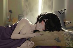 Rule 34 | 1girl, backlighting, bed, bedroom, black hair, bloom, blush, catherine (sedai), commentary, curtains, drawn ears, highres, indoors, lamp, lens flare, light, looking at viewer, lying, on bed, on side, original, reaching, reaching towards viewer, red eyes, sedai, short hair, smile, solo, under covers