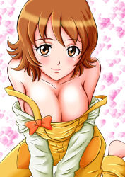 Rule 34 | 10s, 1girl, bare shoulders, barefoot, breasts, brown eyes, brown hair, cleavage, happinesscharge precure!, heart, heart background, hide twin violet, kneeling, large breasts, no bra, oomori yuuko, overalls, precure, shiny skin, short hair, smile, solo