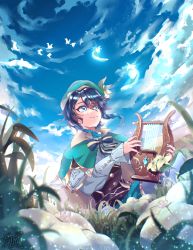 Rule 34 | 1boy, absurdres, androgynous, beret, bird, black hair, blue eyes, blue hair, blurry, blurry foreground, bow, braid, brooch, cape, cloud, cloudy sky, collared cape, corset, day, flower, frilled sleeves, frills, gem, genshin impact, gradient hair, grass, green hat, green shorts, hat, hat flower, hayateluc, highres, holding, holding instrument, huge filesize, instrument, jewelry, leaf, light particles, long sleeves, lyre, male focus, multicolored hair, outdoors, pantyhose, shirt, short hair with long locks, shorts, sky, smile, solo, twin braids, venti (genshin impact), white flower, white pantyhose, white shirt