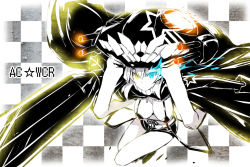 Rule 34 | 1girl, abyssal ship, akaza, bikini, bikini top only, black rock shooter, black rock shooter (character), black rock shooter (cosplay), blue eyes, breasts, cape, checkered background, cosplay, gloves, glowing, glowing eye, glowing eyes, heterochromia, kantai collection, large breasts, long hair, pale skin, personification, shorts, silver hair, solo, star (symbol), swimsuit, weapon, wo-class aircraft carrier, yellow eyes