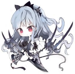 Rule 34 | 1girl, :&gt;, axe, blade, blue hair, bow, chibi, claws, commentary request, hair bow, kotatu (akaki01aoki00), long hair, original, red eyes, silver hair, simple background, solo, weapon, white background