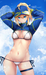 Rule 34 | 1girl, ahoge, arms behind head, arms up, artoria pendragon (fate), baseball cap, bikini, blonde hair, blue eyes, blue hat, blue jacket, blue sky, breasts, closed mouth, commentary request, cropped jacket, day, fate/grand order, fate (series), hair between eyes, hair through headwear, hat, highres, jacket, long hair, long sleeves, looking at viewer, medium breasts, mysterious heroine x (fate), mysterious heroine xx (fate), navel, ponytail, shrug (clothing), side-tie bikini bottom, sidelocks, sky, smile, solo, swimsuit, thigh strap, untue, white bikini, zipper pull tab