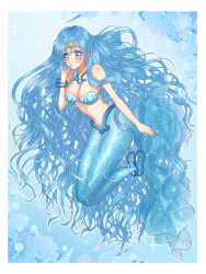 Rule 34 | 1girl, absurdly long hair, absurdres, bare shoulders, blue background, blue eyes, blue hair, bracelet, breasts, cleavage, collarbone, commentary, earrings, full body, hair between eyes, hair ornament, hand up, highres, houshou hanon, houshou hanon (mermaid), jewelry, long hair, looking at viewer, lpp bitshies, medium breasts, mermaid, mermaid melody pichi pichi pitch, monster girl, nail polish, navel, necklace, parted lips, pearl bracelet, shell, shell bikini, shell necklace, sidelocks, solo, sparkle, star (symbol), star earrings, star hair ornament, stomach, tail, tail ornament, very long hair