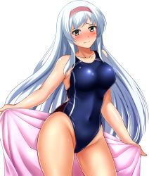 Rule 34 | 1girl, blue one-piece swimsuit, blush, breasts, collarbone, commentary request, competition swimsuit, covered navel, cowboy shot, hair between eyes, hairband, highleg, highleg swimsuit, holding, holding towel, kantai collection, large breasts, long hair, looking at viewer, nose blush, one-piece swimsuit, shiny clothes, shoukaku (kancolle), simple background, smile, solo, standing, sweatdrop, swimsuit, towel, wet, white background, white hair, yellow eyes, zanntetu
