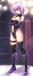 Rule 34 | 1girl, adapted costume, asymmetrical legwear, bare shoulders, black gloves, black leotard, black thighhighs, boots, breasts, cleavage, closed mouth, clothing cutout, collarbone, crossed arms, elbow gloves, fate/grand order, fate (series), full body, gloves, hair over one eye, indoors, large breasts, leotard, light purple hair, looking at viewer, luchador mask, mash kyrielight, mask, navel, navel cutout, neck, purple eyes, purple gloves, serious, short hair, solo, standing, sweatdrop, thighhighs, tsuki tokage, type-moon, uneven legwear, wrestling, wrestling ring