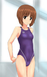 Rule 34 | 10s, 1girl, arena (company), arms behind back, bad id, bad pixiv id, breasts, brown eyes, brown hair, competition swimsuit, cowboy shot, girls und panzer, highres, logo, looking at viewer, nishizumi miho, one-piece swimsuit, parted lips, purple one-piece swimsuit, short hair, small breasts, solo, standing, swimsuit, takafumi, window