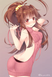 Rule 34 | 10s, 1girl, ahoge, alternate costume, alternate hairstyle, aran sweater, arm behind head, ass, backless dress, backless outfit, bare back, braid, breasts, brown eyes, butt crack, cable knit, cowboy shot, dress, grey background, hair ornament, hair scrunchie, halterneck, high ponytail, highres, huge ahoge, kantai collection, ko yu, kuma (kancolle), meme attire, ponytail, ribbed sweater, scrunchie, sideboob, simple background, solo, sweater, sweater dress, turtleneck, turtleneck sweater, twintails, virgin killer sweater