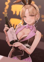 Rule 34 | 1girl, animal ears, bottle, bow, bowtie, breasts, brown eyes, bunny garden, cleavage, detached collar, fake animal ears, grin, herio, highres, large breasts, light brown hair, looking at viewer, nijisanji, parody, pink bow, pink bowtie, rabbit ears, sake bottle, shirt, sister claire, skirt, sleeveless, sleeveless shirt, smile, solo, upper body, virtual youtuber, wrist cuffs