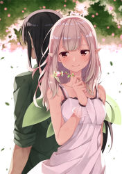 Rule 34 | 1boy, 1girl, armpit crease, back-to-back, bare arms, bare shoulders, black hair, blurry, blurry background, blush, breasts, closed mouth, collarbone, depth of field, dress, elf, elu (nijisanji), facing away, fairy wings, falling leaves, flower, frilled dress, frills, from behind, green shirt, hand up, highres, holding, holding flower, leaf, long hair, long sleeves, looking at viewer, medium breasts, nijisanji, outdoors, plant, pointy ears, project upd8, red eyes, shirt, sidelocks, silver hair, sleeveless, sleeveless dress, sleeves pushed up, smile, standing, virtual youtuber, white dress, wings, wristband, yamikumo kerin, yuuri nayuta