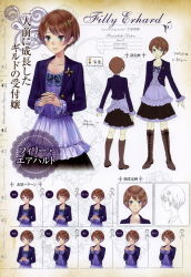 Rule 34 | 1girl, absurdres, aqua eyes, atelier (series), atelier totori, boots, brown hair, character sheet, concept art, dress, female focus, filly erhard, frilled skirt, frilled sleeves, frills, gradient background, hair ornament, hairclip, highres, interlocked fingers, kishida mel, knee boots, multiple views, non-web source, partially colored, ribbon, short hair, simple background, skirt, turnaround, white background