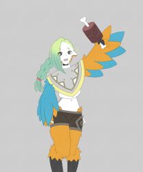 Rule 34 | 1girl, absurdres, animal ears, artist name, bird ears, bird legs, blue feathers, boned meat, borrowed character, braid, feathered wings, feathers, food, gimli34, gradient hair, green hair, grey background, grey poncho, harpy, highres, holding, holding food, long hair, mako (eogks), meat, midriff, monster girl, multicolored hair, navel, open mouth, orange feathers, orange wings, original, solo, two-tone wings, winged arms, wings
