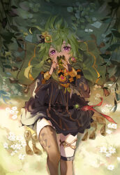 Rule 34 | 1girl, absurdres, belt, black belt, black dress, blush, bridal gauntlets, brown thighhighs, collei (genshin impact), dress, earrings, flower, genshin impact, green hair, hair between eyes, hair ornament, highres, holding, holding notepad, holding pen, jewelry, looking at viewer, lying, medium hair, notepad, paper, pen, plant, purple eyes, solo, thighhighs, timo wei95, white flower, writing