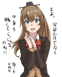 Rule 34 | 1girl, bow, bowtie, brown cardigan, brown hair, brown jacket, cardigan, collared shirt, commentary request, green eyes, hair ornament, highres, jacket, kantai collection, kumano (kancolle), kumano kai ni (kancolle), long hair, megakura kinshi, own hands together, ponytail, red bow, red bowtie, shirt, simple background, smile, solo, translation request, upper body, white background