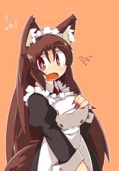 Rule 34 | 1girl, alternate costume, animal ears, blush, brown hair, enmaided, fang, fingernails, flying sweatdrops, hand on own chest, igarashi amura, imaizumi kagerou, long fingernails, maid, nail polish, open mouth, paw print, red eyes, red nails, solo, touhou, upper body, wolf ears