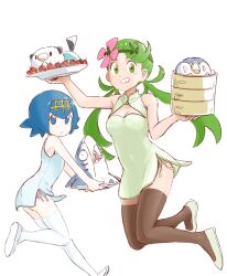 Rule 34 | 2girls, alternate costume, bare arms, blue eyes, blue hair, cherry, cleavage cutout, clothing cutout, creatures (company), flower, food, fruit, game freak, gen 3 pokemon, gen 4 pokemon, gen 5 pokemon, green eyes, green hair, hair flower, hair ornament, highres, holding, holding plate, lana (pokemon), looking at viewer, mallow (pokemon), multiple girls, nintendo, oshawott, piplup, plate, pokemon, pokemon (creature), pokemon sm, sharpedo, simple background, smile, thighhighs, twintails, u4 99384295, white background