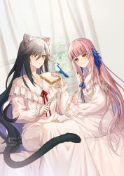 Rule 34 | 2girls, alternate costume, alternate hairstyle, animal ears, arknights, bird, bread, bread slice, cat ears, cat tail, ceylon (arknights), chinese commentary, commentary request, curtains, dress, food, gogatsu fukuin, hair down, hand up, highres, holding, holding food, indoors, long hair, long sleeves, multiple girls, pink hair, schwarz (arknights), silver hair, smile, tail, very long hair, white dress, window, yellow eyes