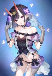 Rule 34 | 1girl, bare shoulders, blush, bob cut, breasts, collarbone, eyeliner, fate/grand order, fate (series), highres, horns, kaguyuzu, looking at viewer, makeup, navel, oni, parted lips, purple eyes, purple hair, short hair, shuten douji (fate), skin-covered horns, small breasts, solo, thighs