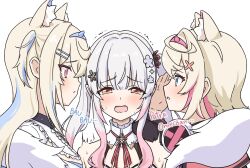 3girls animal_ears asmr blonde_hair blue_eyes blue_hair blush collar commentary crossed_bangs dog_ears dog_girl fur-trimmed_jacket fur_trim fuwawa_abyssgard fuwawa_abyssgard_(1st_costume) gradient_hair grey_hair hair_between_eyes hair_intakes hololive hololive_english indie_virtual_youtuber jacket looking_at_another mathamorphous mococo_abyssgard mococo_abyssgard_(1st_costume) multicolored_hair multiple_girls neck_ribbon open_mouth orange_eyes pink_eyes pink_hair red_ribbon ribbon shirt short_hair simple_background streaked_hair suou_patra suou_patra_(10th_costume) twintails two_side_up virtual_youtuber white_background white_collar white_shirt yuri