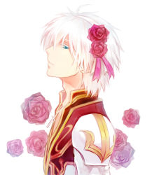 Rule 34 | 1boy, black coat, blue eyes, closed mouth, coat, commentary request, cross, cross necklace, flower, hair between eyes, hair flower, hair ornament, high priest (ragnarok online), jewelry, long sleeves, looking at viewer, looking to the side, male focus, misuguu, necklace, ragnarok online, red flower, rose, short hair, solo, upper body, white background, white coat, white hair