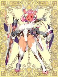 Rule 34 | 1girl, breasts, breasts apart, cameltoe, covered erect nipples, covered navel, full body, kerberos blade, large breasts, leotard, looking at viewer, official art, open mouth, outstretched arm, pink eyes, pink hair, ryoji (nomura ryouji), solo, thighhighs, visor, white thighhighs, yellow background