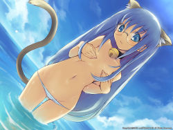 Rule 34 | 1girl, animal ears, beach, bell, bikini, blue eyes, blue hair, cat ears, cat tail, collar, covering breasts, covering nipples, covering privates, day, flat chest, glasses, jingle bell, long hair, lowleg, lowleg bikini, lowleg panties, magical antique, matching hair/eyes, neck bell, official art, official wallpaper, outdoors, panties, petite, rian (magical antique), solo, striped bikini, striped clothes, swimsuit, tail, topfreedom, topless, underwear, water