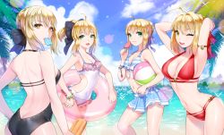 Rule 34 | 10s, 4girls, alternate costume, arms behind head, arms up, artoria pendragon (all), artoria pendragon (fate), ass, bikini, bikini skirt, blonde hair, blush, breasts, butt crack, casual one-piece swimsuit, cleavage, curvy, fate/extra, fate/stay night, fate/unlimited codes, fate (series), food, ganik (pisshine), green eyes, hair bun, hair ribbon, innertube, long hair, looking at viewer, looking back, midriff, multiple girls, navel, nero claudius (fate), nero claudius (fate) (all), nero claudius (fate/extra), one-piece swimsuit, open mouth, ponytail, popsicle, ribbon, saber (fate), saber alter, saber lily, single hair bun, small breasts, smile, swim ring, swimsuit, yellow eyes