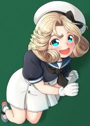 Rule 34 | 1girl, blonde hair, blue eyes, blue sailor collar, blush, dress, gloves, green background, grey footwear, hat, highres, janus (kancolle), jougenmushi, kantai collection, open mouth, parted bangs, puffy short sleeves, puffy sleeves, sailor collar, sailor dress, sailor hat, short sleeves, solo, white dress, white gloves, white hat