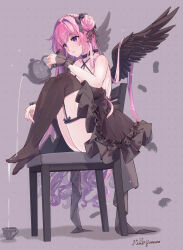 Rule 34 | 1girl, angel, angel wings, black dress, black thighhighs, blush, breasts, chair, choker, closed mouth, commentary request, dorothy (nikke), dorothy (nostalgia) (nikke), dress, feathers, frilled dress, frills, goddess of victory: nikke, grey background, hair intakes, highres, himeyamato, holding, holding teapot, large breasts, long hair, parted lips, pink choker, pink hair, purple eyes, simple background, sitting, teapot, thigh strap, thighhighs, wet, wings