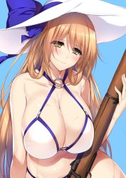 Rule 34 | 1girl, arm at side, bare arms, bare shoulders, bikini, blue background, blue ribbon, blue sky, blush, bolt action, bow, breasts, cleavage, closed mouth, collarbone, commentary request, criss-cross halter, curvy, eyes visible through hair, female focus, girls&#039; frontline, gun, hair between eyes, hair rings, halterneck, hand up, hat, hat bow, hat ribbon, head tilt, holding, holding gun, holding weapon, huge breasts, light brown hair, lips, long hair, looking at viewer, m1903 springfield, minamon (vittel221), o-ring, o-ring bikini, o-ring swimsuit, o-ring top, official alternate costume, outdoors, ribbon, rifle, sidelocks, simple background, sky, smile, solo, springfield (girls&#039; frontline), springfield (stirring mermaid) (girls&#039; frontline), sun hat, swimsuit, upper body, weapon, white bikini, white hat, wide hips, yellow eyes