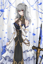 Rule 34 | 1girl, absurdres, alternate costume, azur lane, bare shoulders, breasts, cleavage cutout, closed mouth, clothing cutout, commentary request, detached sleeves, grey hair, hair between eyes, hair ornament, highres, large breasts, long hair, looking at viewer, red eyes, saint-louis (azur lane), smile, solo, unique (pixiv12704744), weapon