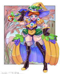 Rule 34 | 1girl, alternate costume, black gloves, blue eyes, breasts, brown hair, covered navel, earrings, fire flower, flower earrings, food, fruit, full body, gloves, grapes, hat, highres, holding, holding wand, jewelry, large breasts, looking at viewer, mario (series), medium hair, nintendo, oomasa teikoku, princess daisy, sky, solo, super mario land, wand, witch, witch hat