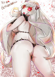 Rule 34 | 10s, 1girl, abyssal ship, airfield princess, ass, bikini, blush, colored skin, from below, glowing, glowing eyes, hair ornament, highres, horns, kantai collection, long hair, looking at viewer, looking back, okuva, open mouth, pale skin, red eyes, silver hair, solo, swimsuit, translation request, very long hair, white skin